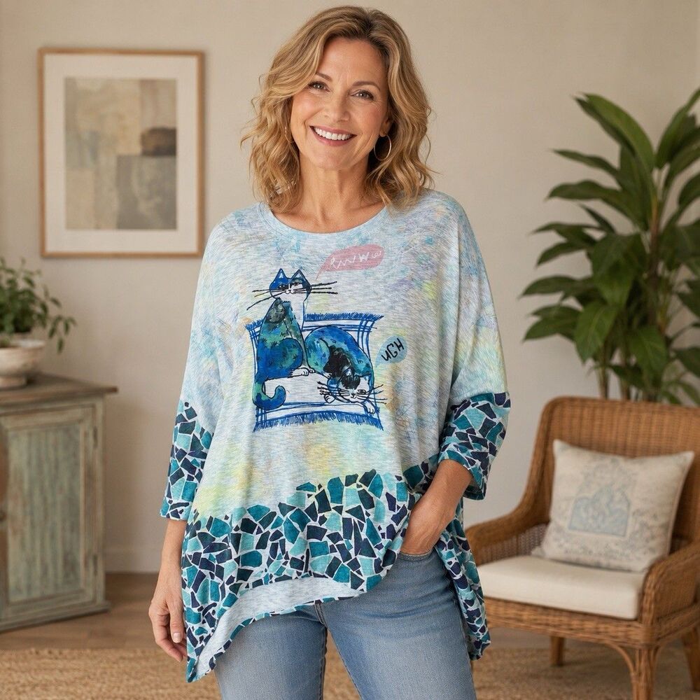 Inoah Shirt Women One Size Multicolor Cat Artsy Boho Tunic Asymmetrical USA Made